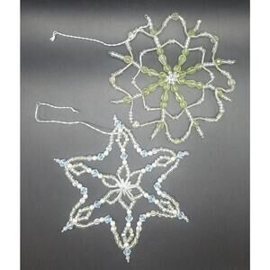 2 Vintage Beaded Snowflakes Christmas Ornaments Handmade Blue Green